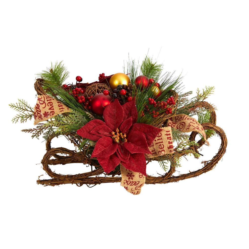 18 in. Unlit Christmas Sleigh with Poinsettia, Berries and Pinecone Artificial Arrangement with Ornaments - Hercitys