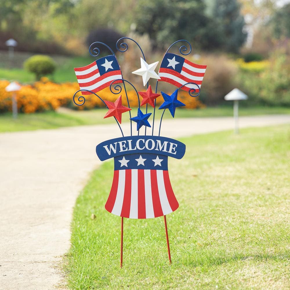 30.25 in. H Wooden/Metal Patriotic Flags Yard Stake or Wall Decor (KD, 2 Function) - Hercitys
