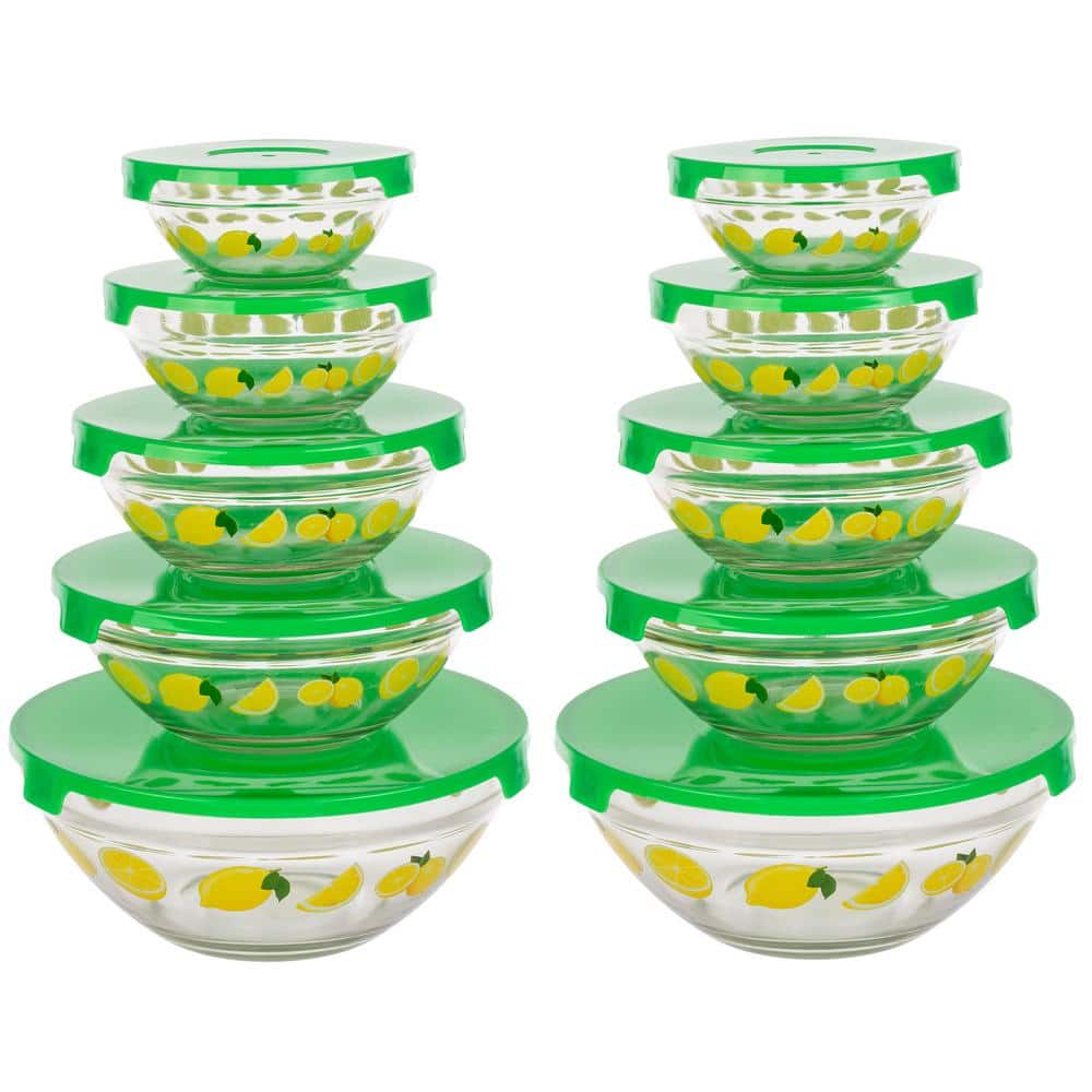 20-Piece Glass Bowls with Lids Set – Lemon Design Mixing Bowls Set with Multiple Sizes for Storage - Hercitys