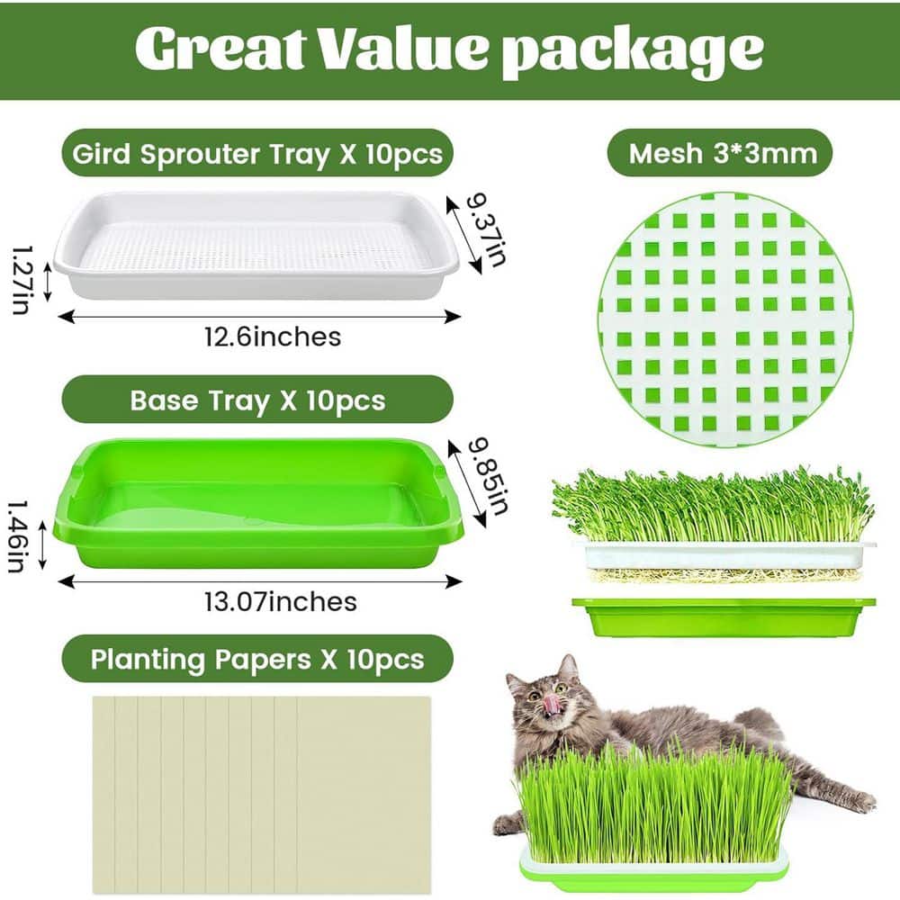 10 Pack Green Seed Sprouter Trays Soil-Free Germination Nursery Tray with Planting Paper for Indoor Outdoor Use - Hercitys