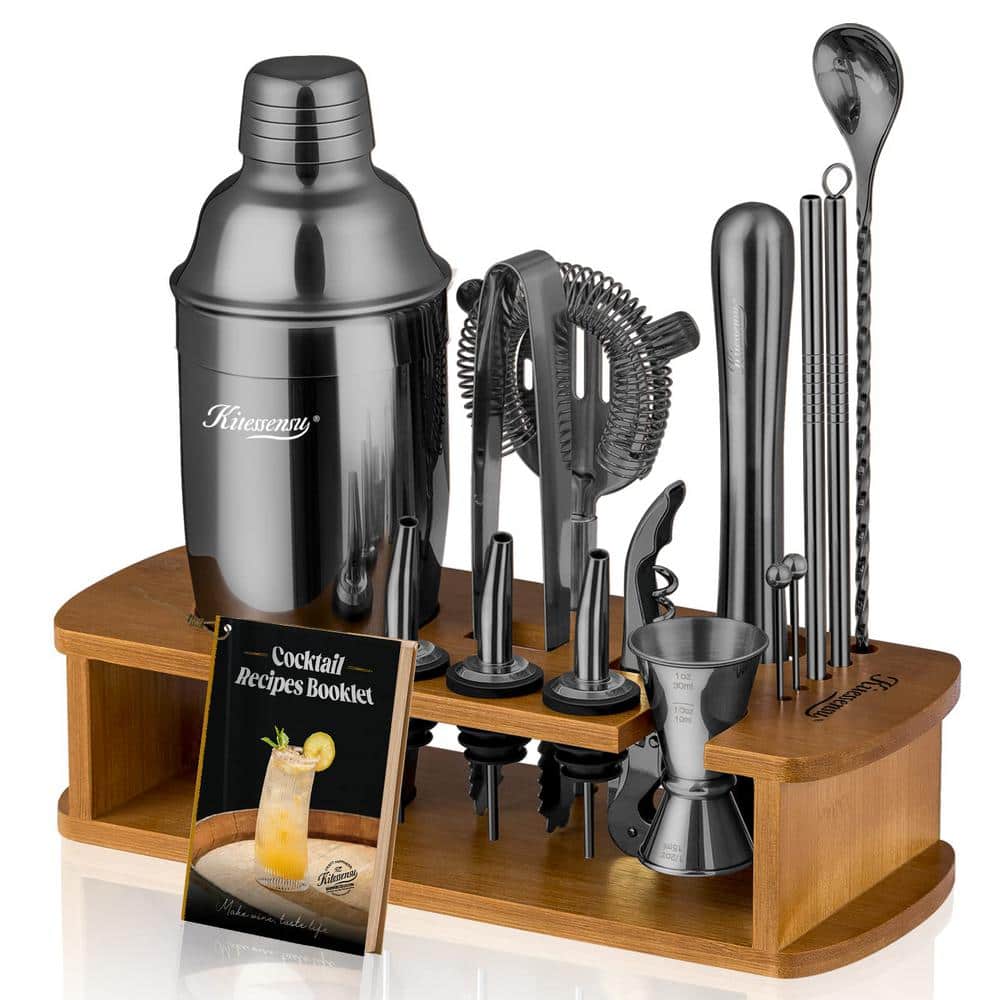 15-Piece Black Stainless Steel Kit with Stand Martini Shaker Cocktail Mix Set, Jigger, Strainer, Spoon, Muddler, Pourer - Hercitys