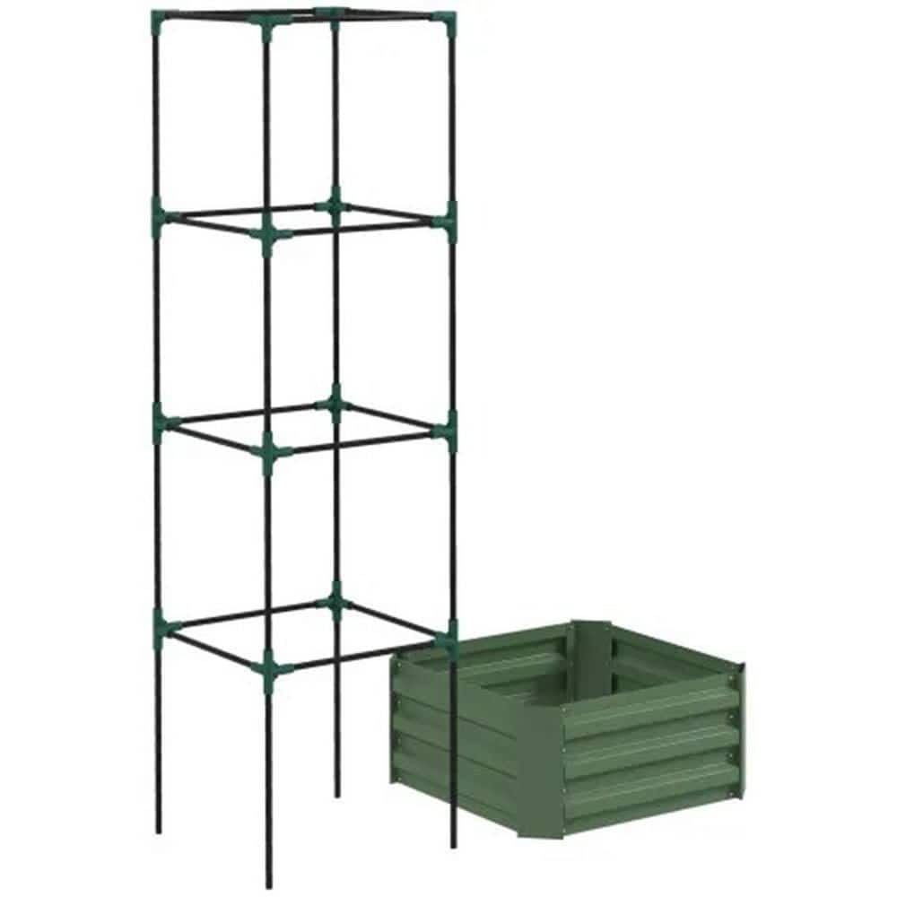 24 in. x 24 in. x 11.75 in. Galvanized Raised Metal Garden Bed Outdoor Planter Box Trellis Tomato Cage Open Bottom,Green - Hercitys