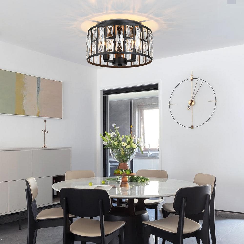 12 in. 3-Light Round Modern Black Drum Flush Mount Ceiling Light with Clear Crystal Shade - Hercitys