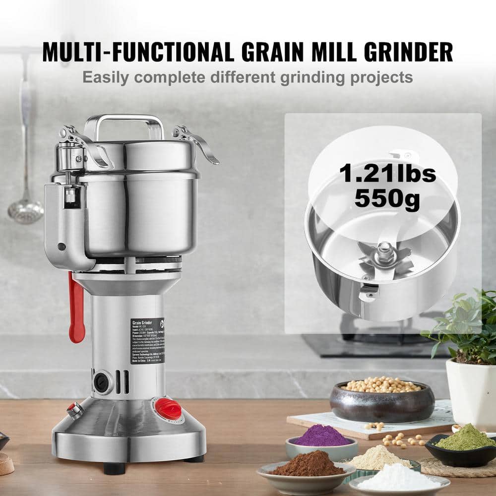 550g Electric Grain Mill Grinder, 2000-Watt High-Speed Commercial Spice Grinder, Stainless Steel Pulverizer - Hercitys