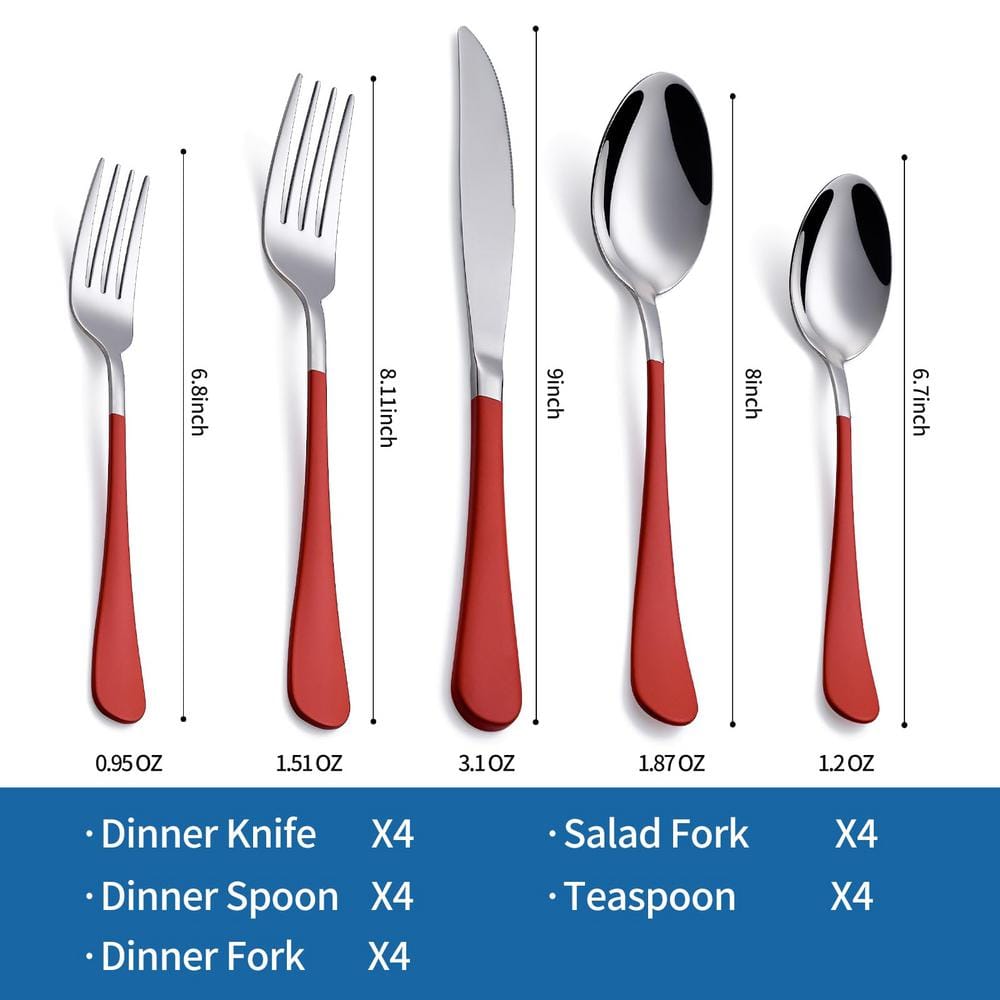 20-Piece Stainless Steel Serving Set Red Handle 18/0 Cutlery Set Service for 4, Unique Set and Dishwasher Safe - Hercitys