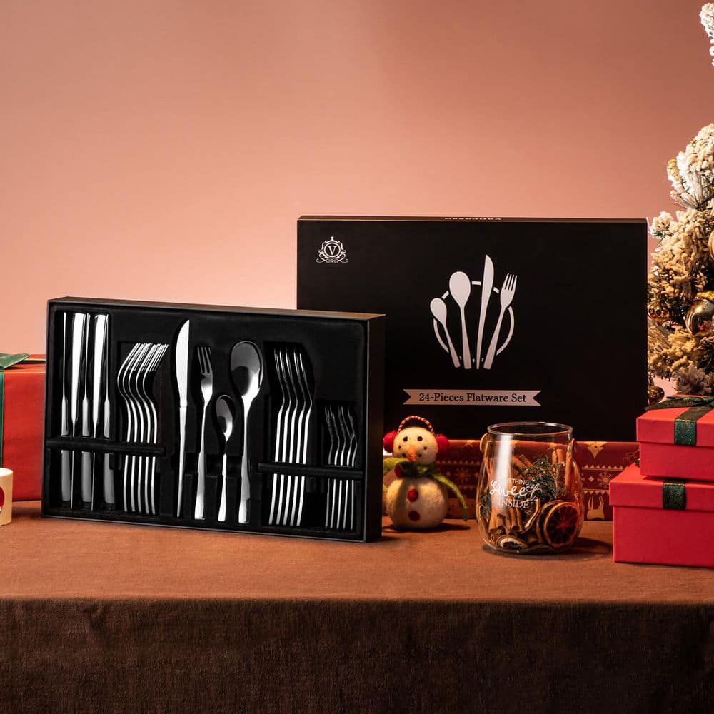 24-Piece Silver Stainless Steel Flatware Set Silverware Set Serving Set Service for 6 - Hercitys
