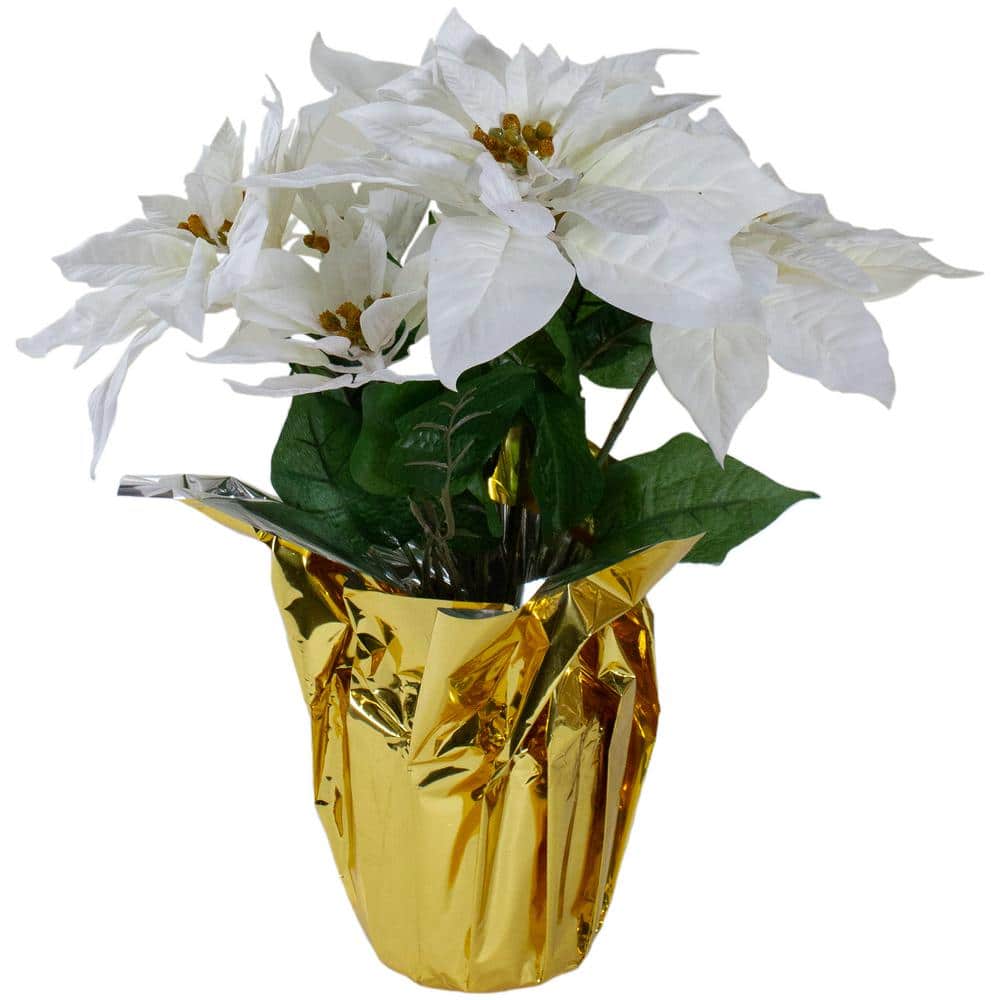 17 in. Potted White Artificial Poinsettia Christmas Arrangement - Hercitys
