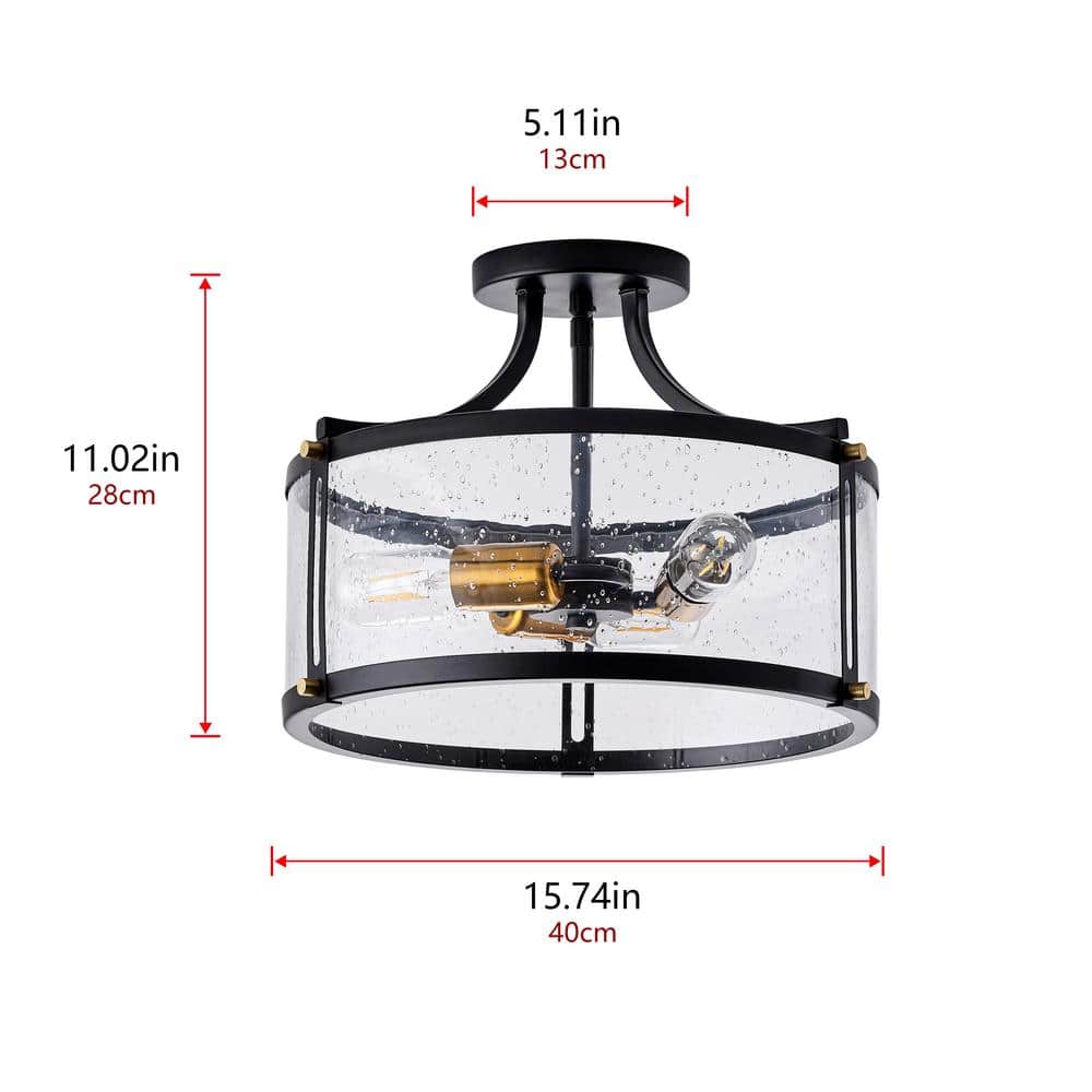 15.7 in. 3-Light Industrial Black Semi-Flush Mount Ceiling Light with Seeded Glass Shade - Hercitys