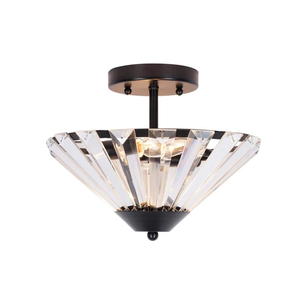 11 in. 2-Light Matte Black Transitional Semi-Flush Mount with Clear Glass Faceted Shade and No Bulbs Included - Hercitys