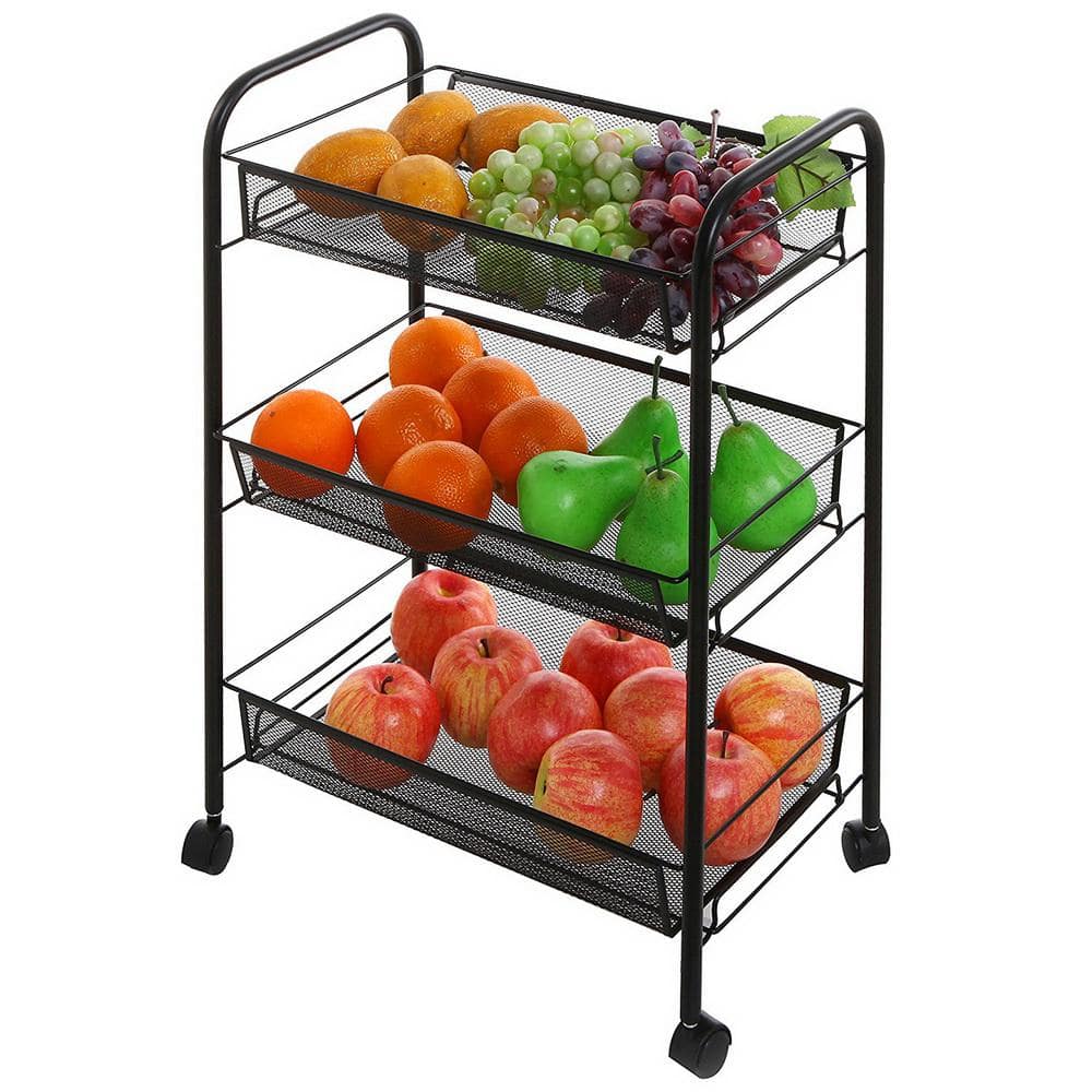 3 Tiers Iron Multi-Functional 4-Wheeled Storage Cart in Black - Hercitys