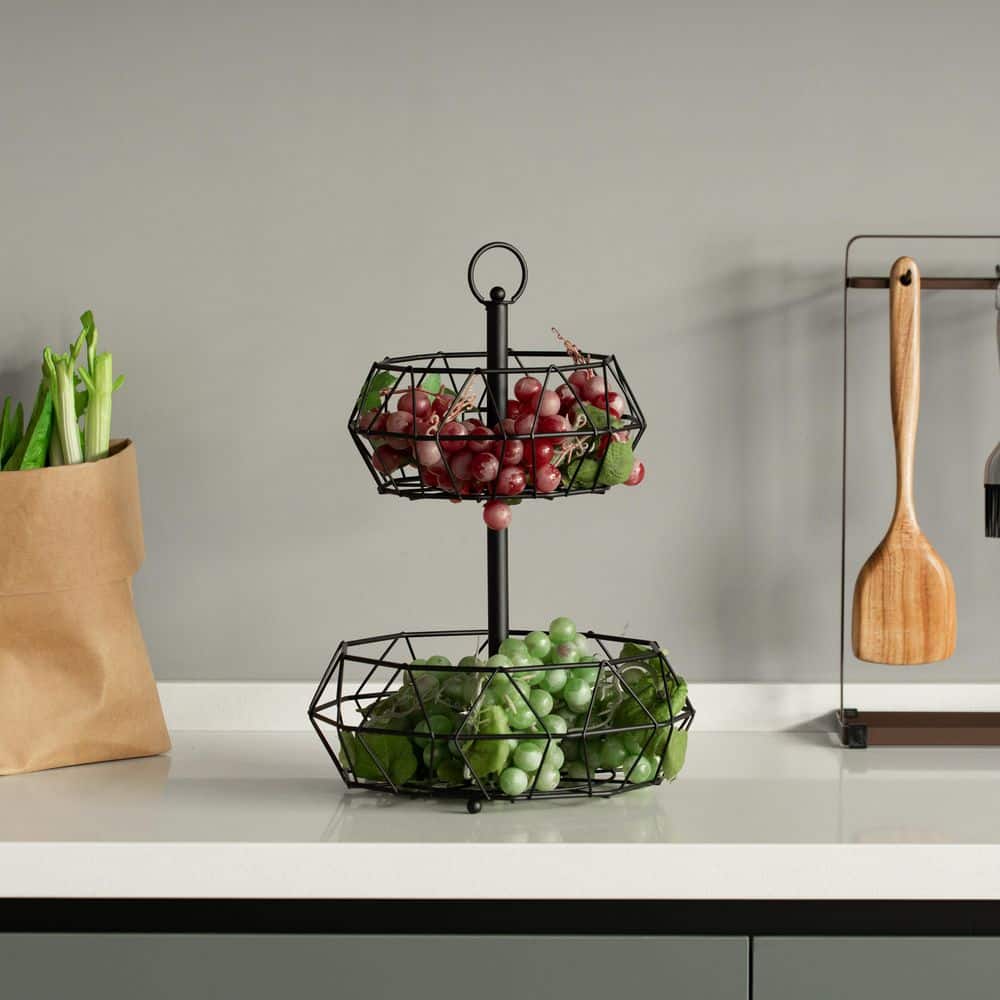 2 Tier Free Standing Countertop Fruit Basket for Kitchen : Detachable Carbon Steel Fruit Storage Organizer - Hercitys