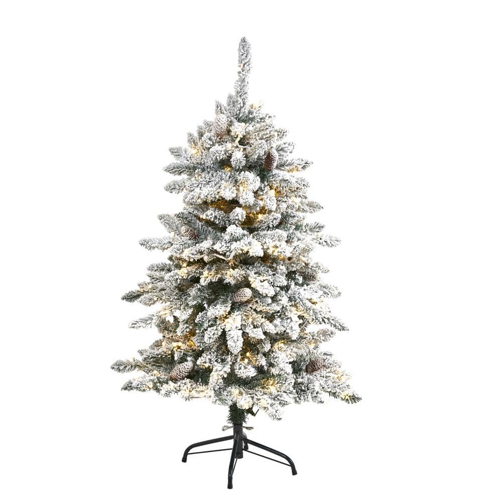 4 ft. Pre-Lit Flocked Livingston Fir Artificial Christmas Tree with Pine Cones and 150 Clear Warm LED Lights - Hercitys