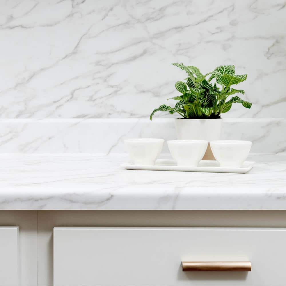 4 ft. Straight Laminate Countertop in Textured Anzio Marble with Waterfall Edge and Integrated Backsplash - Hercitys