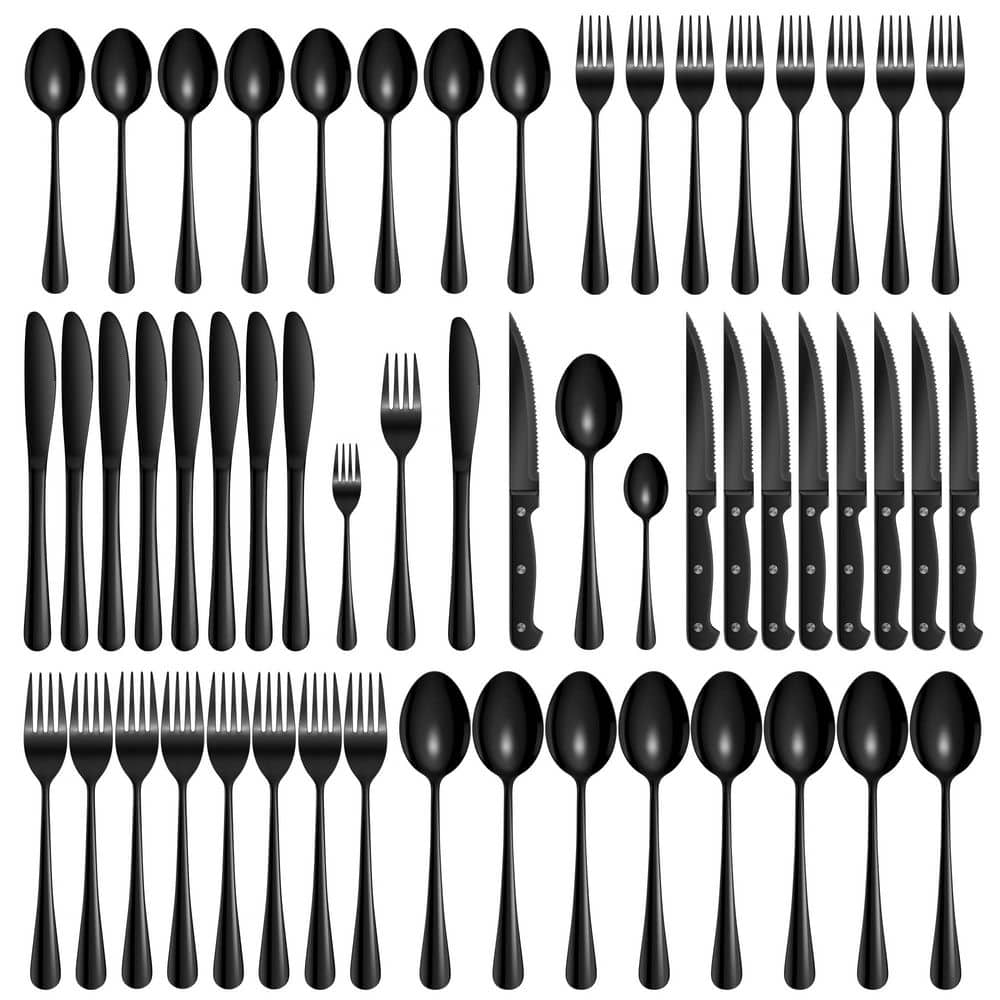 48-Piece Black 18/8 Stainless Steel Flatware Set Service for 8 Silverware Set Cutlery Set with Knives Forks and Spoons - Hercitys