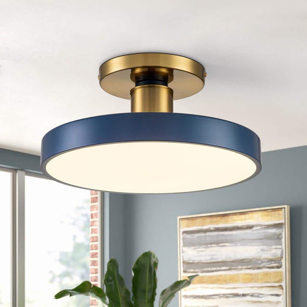 15.7 in. 1-Light Modern Brass and Blue LED Semi-Flush Mount with Drum Shade Minimalist Circle Semi Flush Ceiling Light - Hercitys
