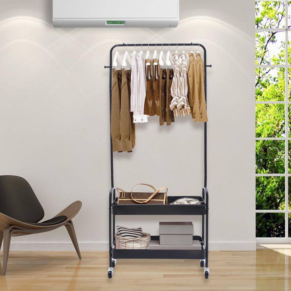 2-Tier Carbon Steel 4-Wheeled 2-In 1 Freestanding Garment Rack in Black - Hercitys