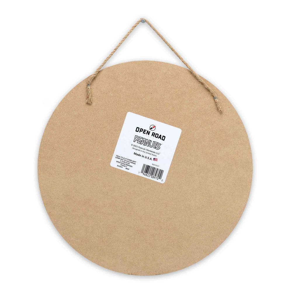 11 in. Tan Snoopy and Woodstock Be Happy Floral Round Colorblocked Hanging Wood Wall Decor - Hercitys