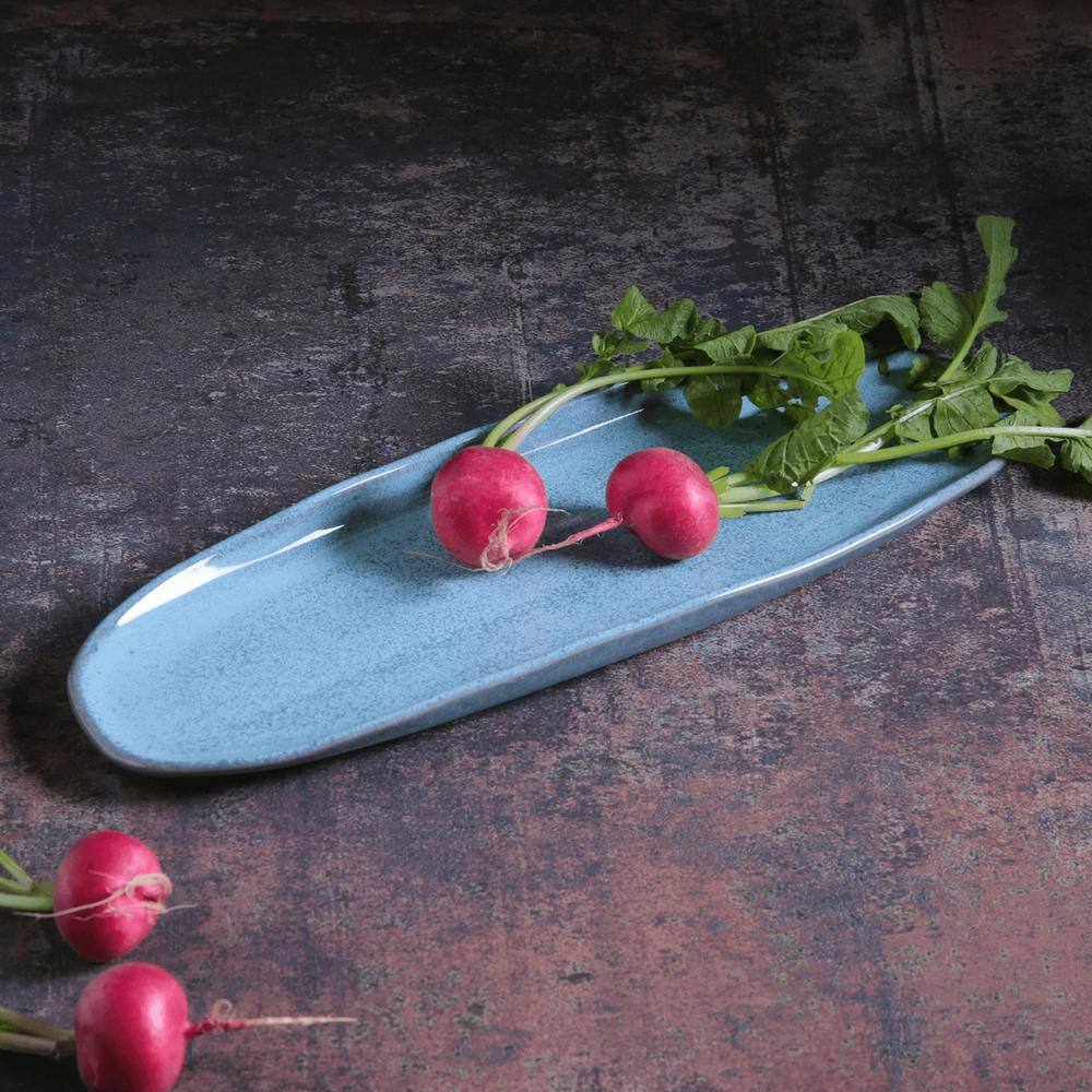 14.17 in. Breeze Light Blue Stoneware Shallow Oval Platter Large Organic (Set of 4) - Hercitys