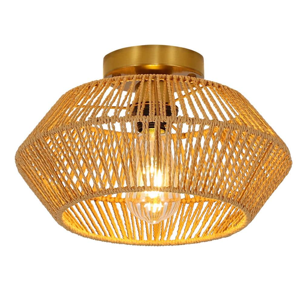 12.6 in. 1-Light Gold Retro Hand Woven Paper String Semi-Flush Mount Ceiling Light - Hercitys