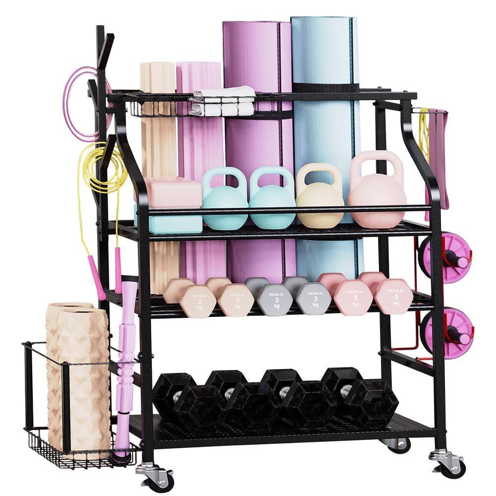 4 Layers Yoga Mat Storage Rack, Dumbbells Rack, Home Gym Holder Garage Storage Organizer with Wheels and Hooks - Hercitys