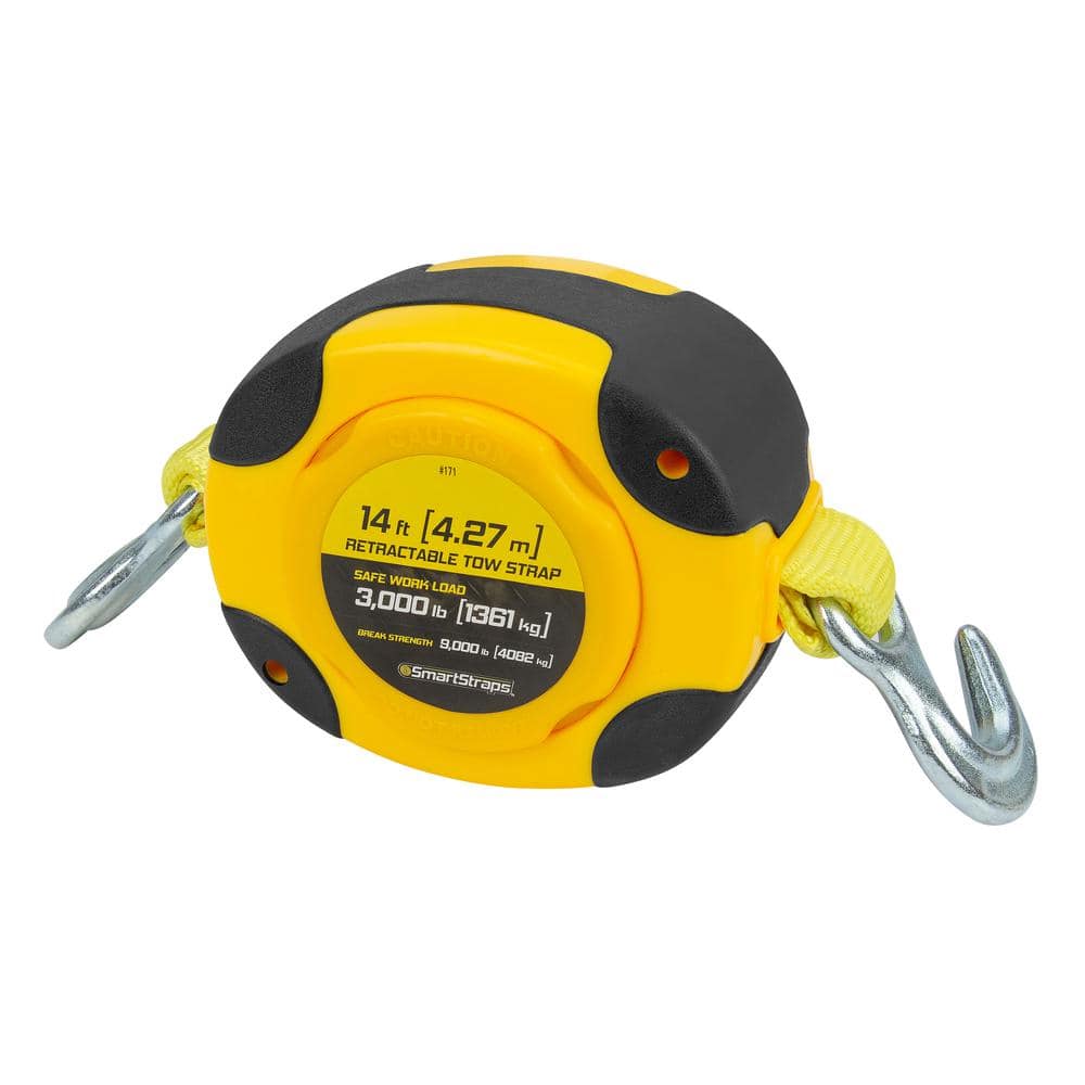 14 ft. 3,000 lb. Working Load Limit Yellow Retractable Tow Rope Strap with Hooks - Hercitys