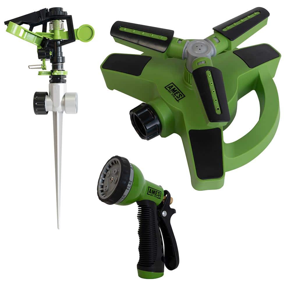 3-Piece Garden Watering Set with (1) Pulsating Spike Style, (1) 3-Arm Rotating Sprinkler and (1) 7-Pattern Spray Nozzle - Hercitys
