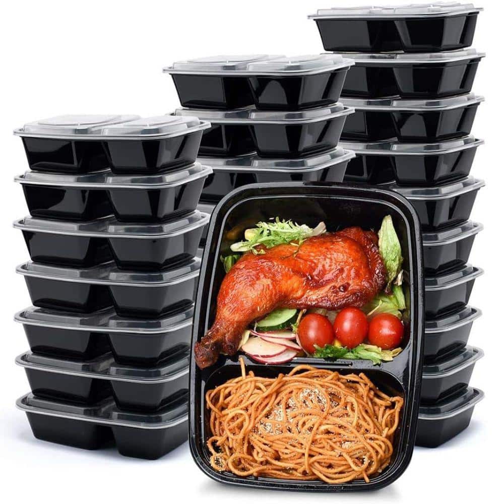 50-Pack Food Storage Containers with 2 Food Compartment and Lids, Microwave, Freezer and Dishwasher Safe in Black - Hercitys