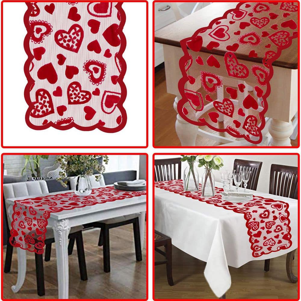 13 in. W x 72 in. LInch Red Lace Table Runner for Wedding Party, Valentines Decorations - Hercitys