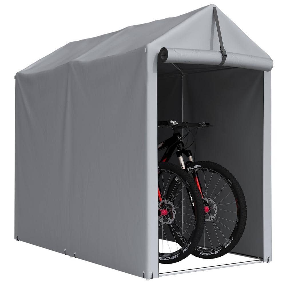 3 ft. W x 6 ft. D x 5 ft. H Peak-Style Silver Portable Garage Shelter for Bike and Patio Storage w/ Roll-up Zipper Door - Hercitys