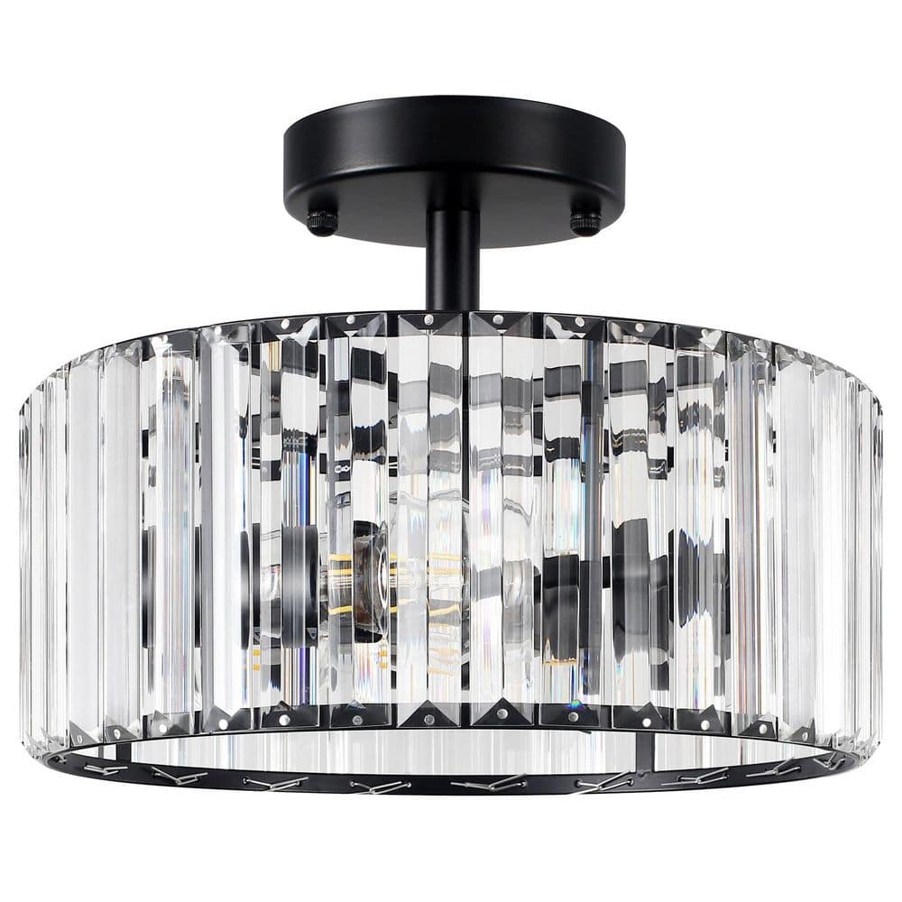 11.8 in. 3-Light Black Modern Drum Semi-Flush Mount Ceiling Light With Crystal Shade - Hercitys