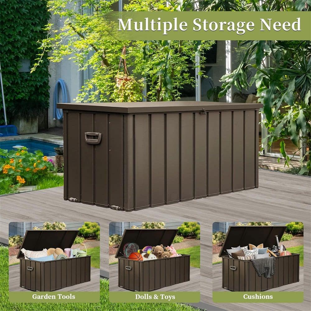 100 Gal. Steel Deck Box, Outdoor Storage Deck Box Waterproof, Large Patio Storage Bin for Garden Tools, Lockable - Hercitys