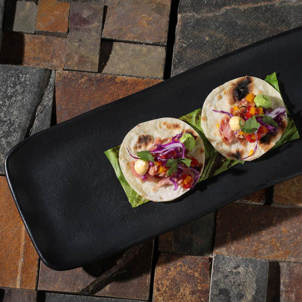 12.99 in. Matte Black Stoneware Rectangular Platter Medium Organic (Set of 4) - Hercitys