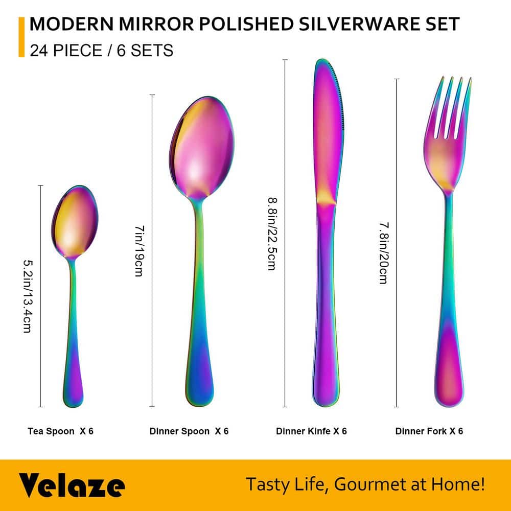 24-Piece Rainbow 18/10-Stainless Steel Flatware Set Service for 6-Kitchen Mirror Polished Silverware Cutlery Set - Hercitys