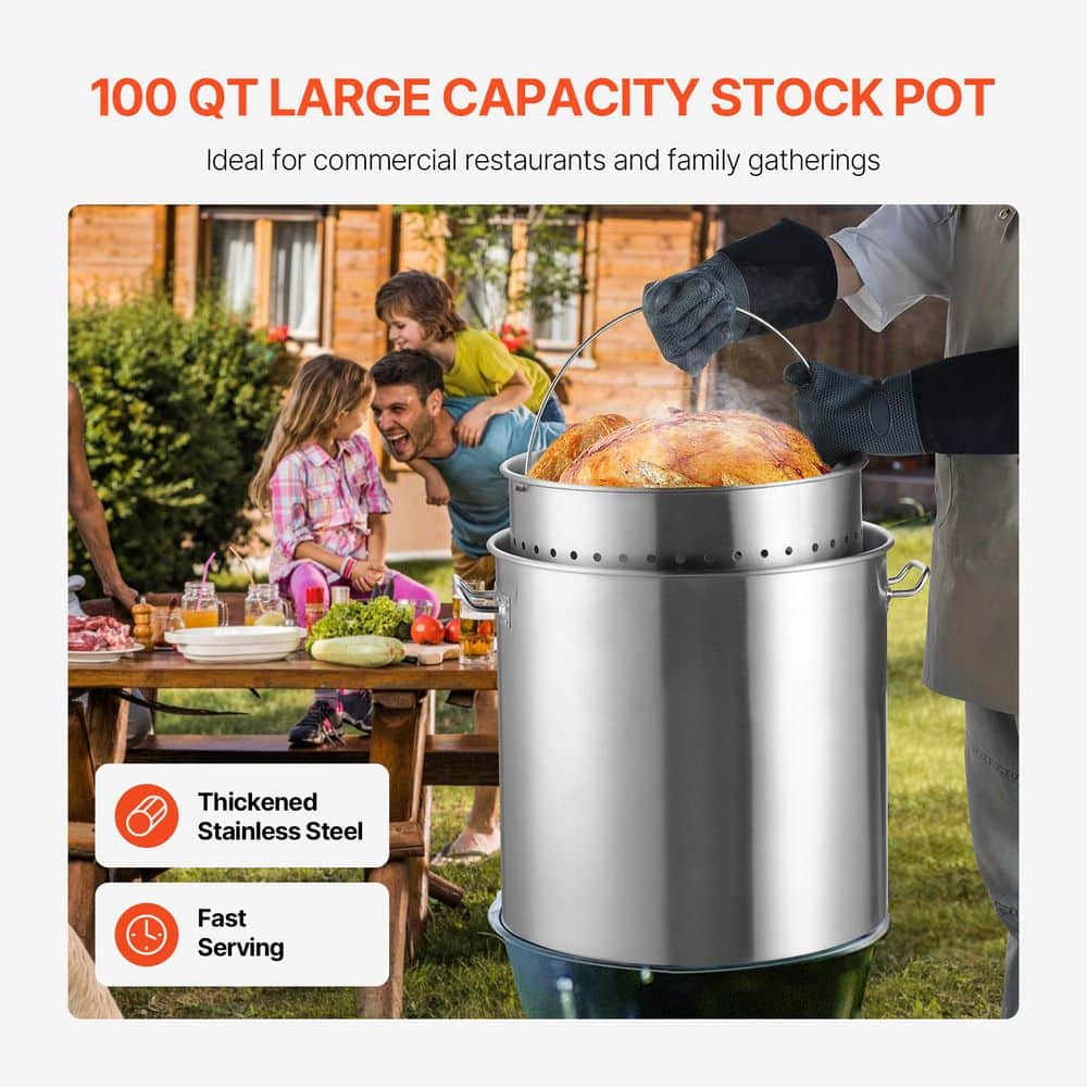 100 qt. Stainless Steel Stockpot, Heavy Duty Cookware with Basket, Lid & Handle, Commercial Grade - Hercitys