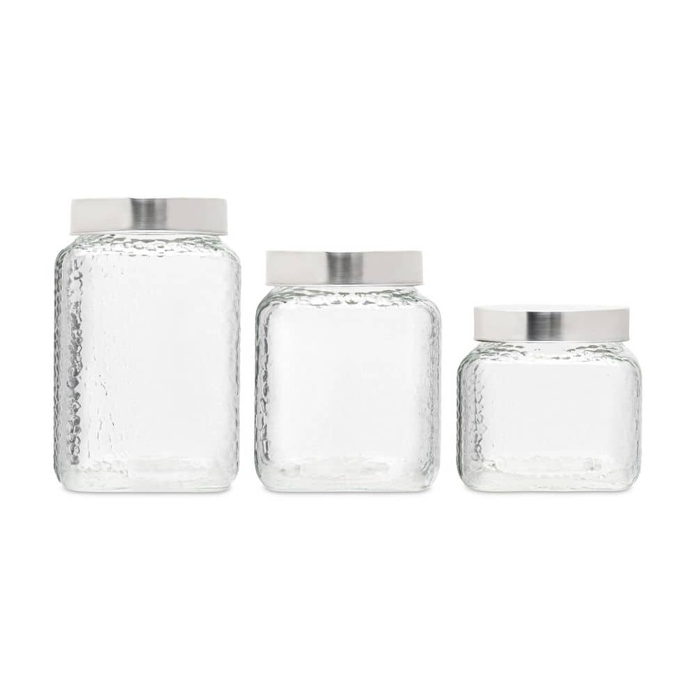 3-Piece Square Glass Jars Canisters Set with Silver Lids, Clear - Hercitys