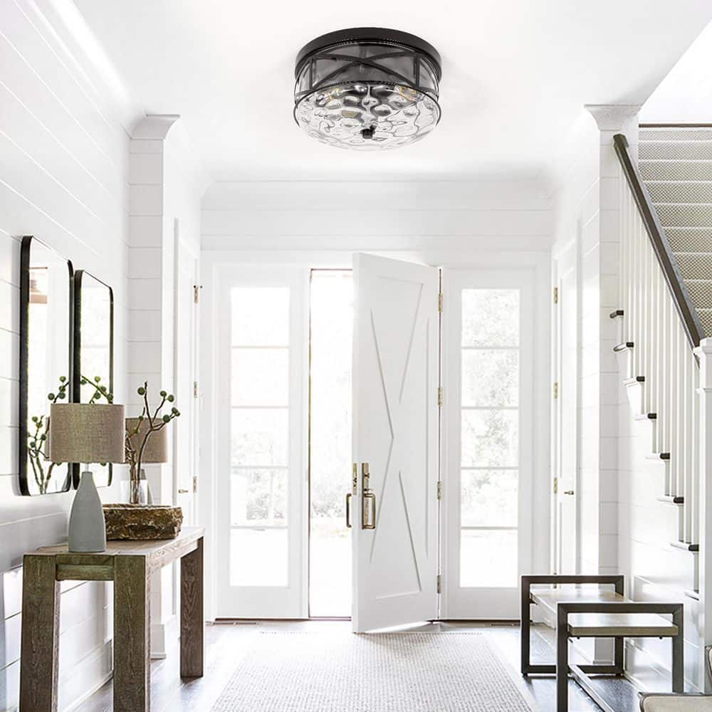 12 in. 2-Light Black Flush Mount Water Ripple Glass Ceiling Light with Metal Frame - Hercitys
