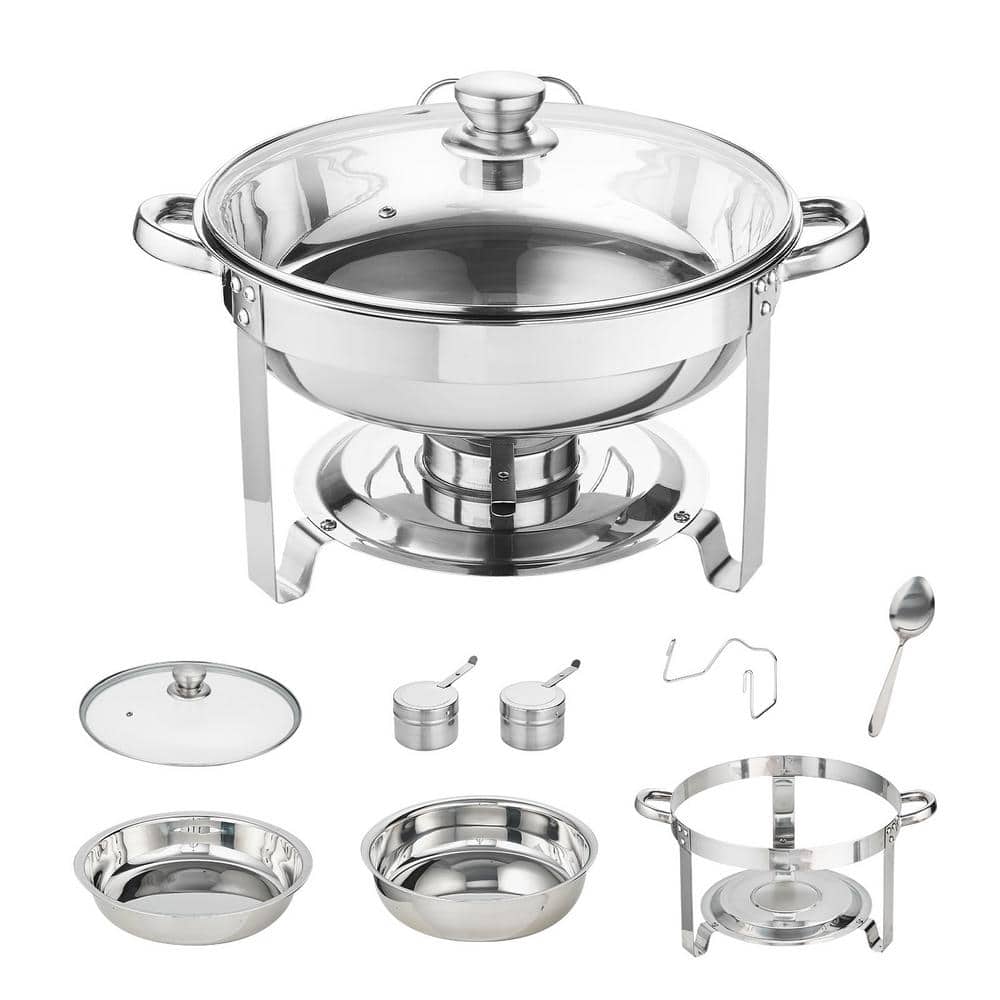 4 qt. Stainless Steel Chafer Chafing Dishes Buffet Set with 2-Full Size Pans Round Catering Warmer Server (2-Piece) - Hercitys