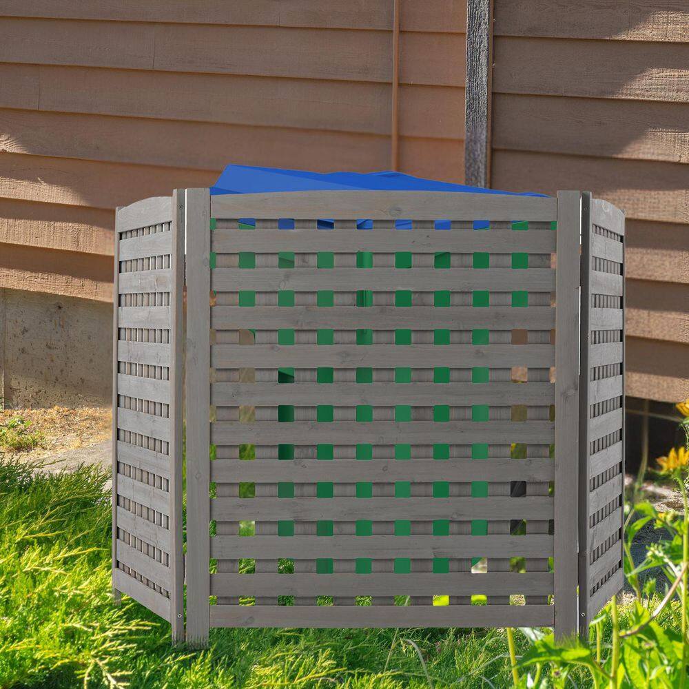 3-Panel Solid Wood Air Conditioning Enclosure Screen, Gridded Outdoor Privacy Fence, Grey - Hercitys