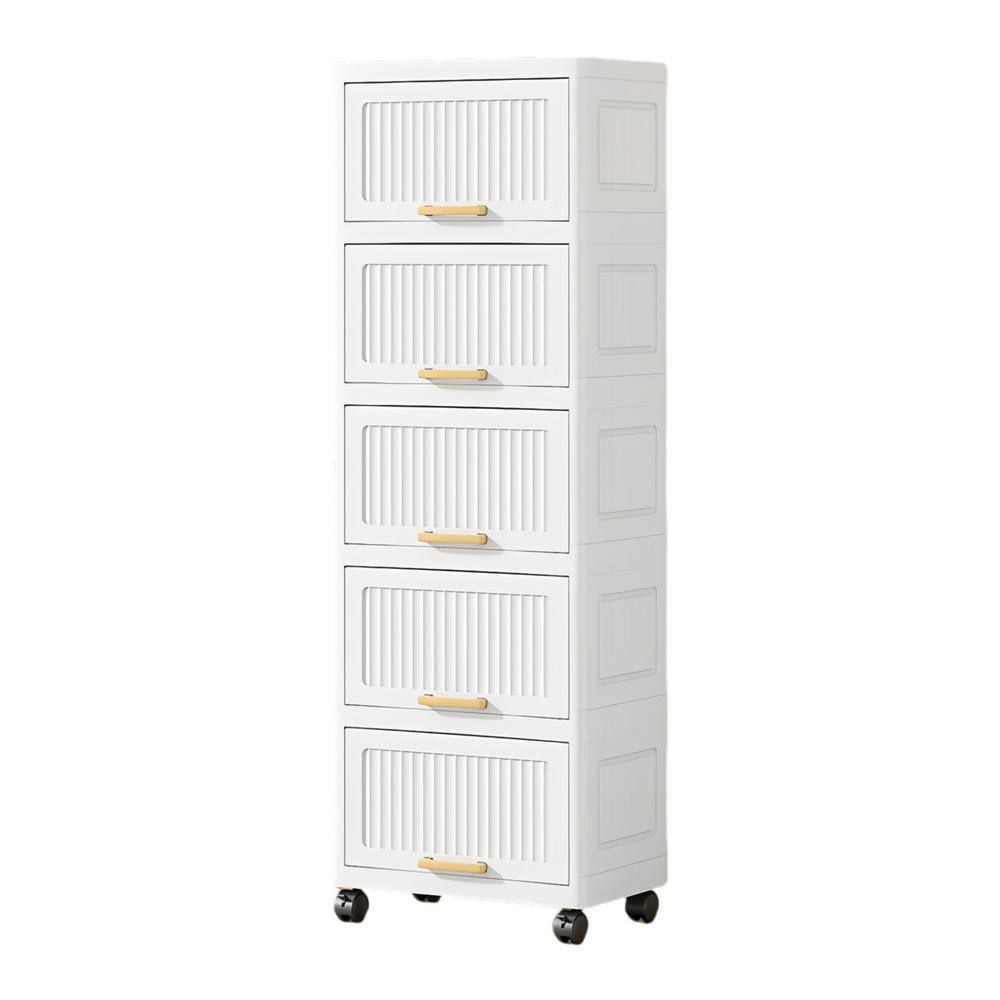 5-Layers Flip Open Storage Box With Wheels, Movable Storage Cabinet, Kitchen Shelf, Movable Storage Box-White - Hercitys