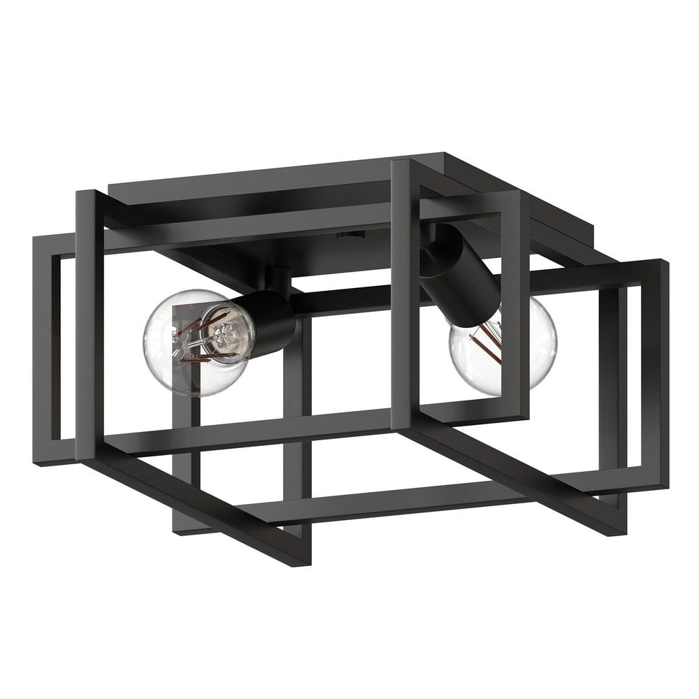 11.5 in. 2-Light Black Industrial Metal Frame Flush Mount Ceiling Light with E26 Bulb Base (Light Bulbs Not Included) - Hercitys