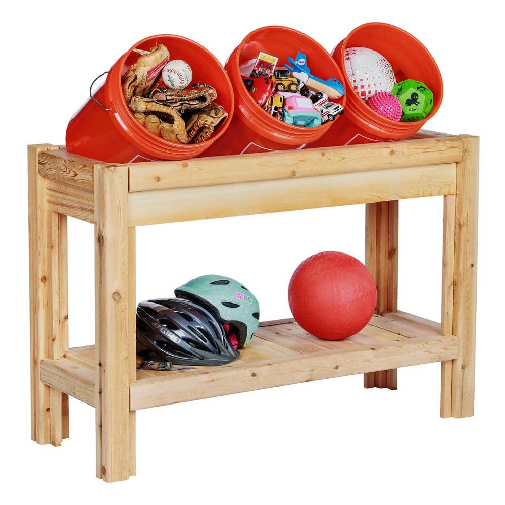 2 Tiers Cedar Bucket with Shelf Garage Storage Shelving Unit in Unfinished Cedar Wood (44 in. W x 30 in. H x 16 in. D) - Hercitys