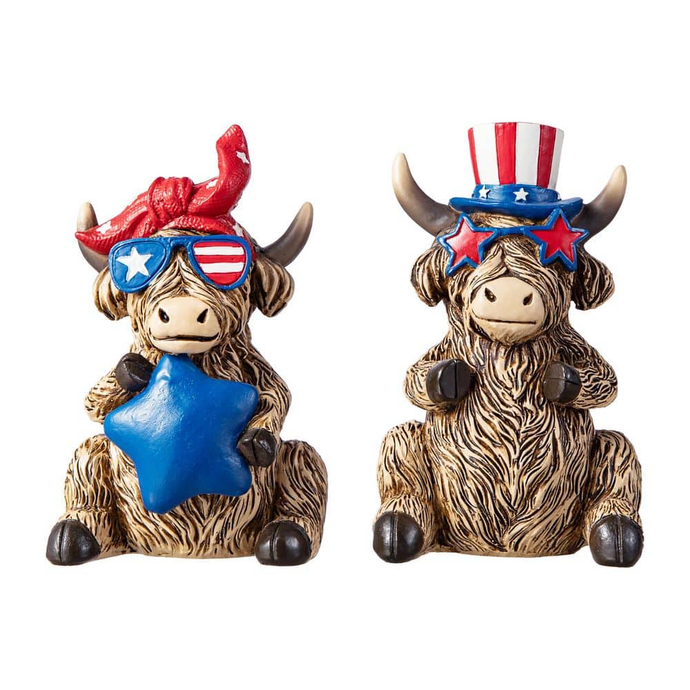 5.5 in. H Patriotic/ Americana Resin Highland Cow Table Decor (Set of 2) - Hercitys