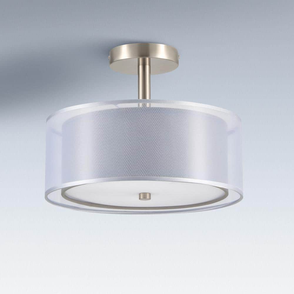 13 in. 3-Light Gray Semi-Flush Mount Ceiling Light Fixture Drum Light Fixture with 2-Layer Fabric Shade - Hercitys
