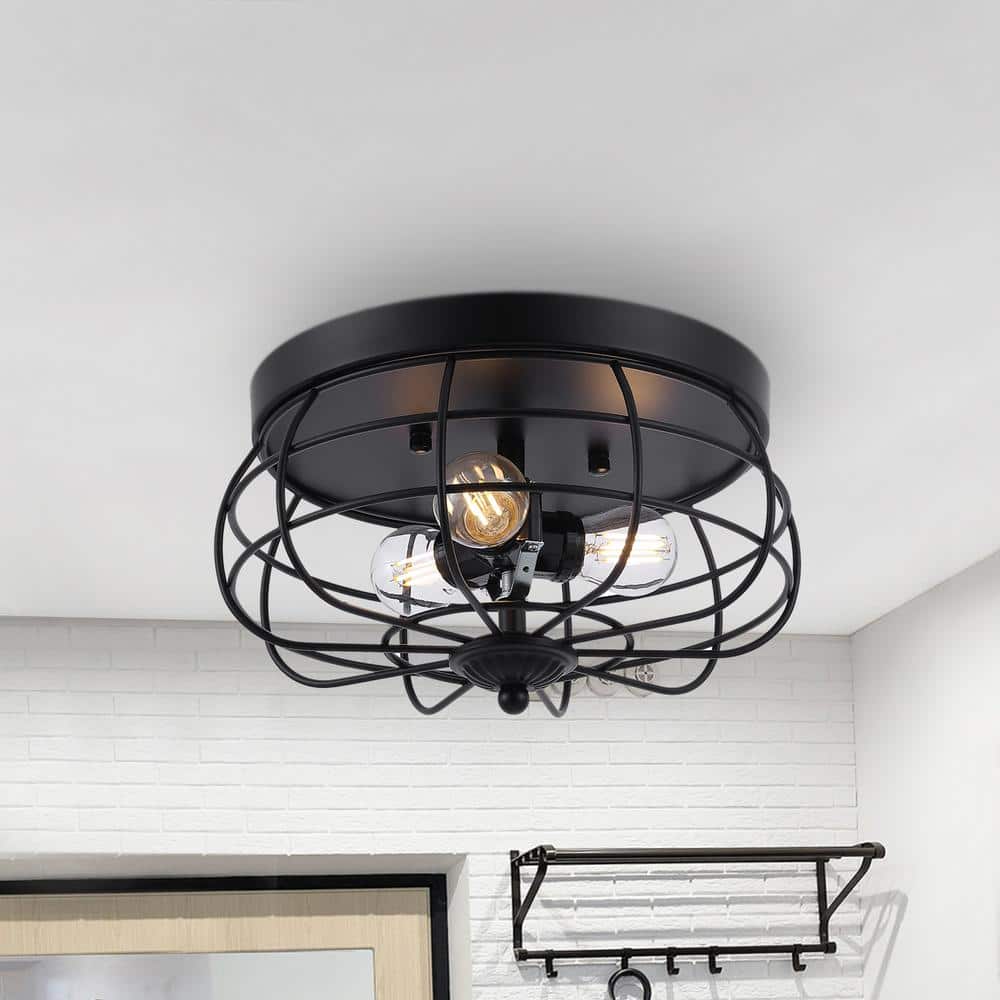 11 in. 3-Light Black Farmhouse Caged Flush Mount - Hercitys