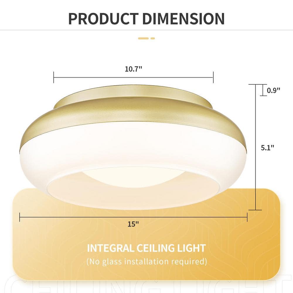 15 in. 18-Watt Modern Antique Gold Integrated LED Flush Mount with Milky White Glass - Hercitys