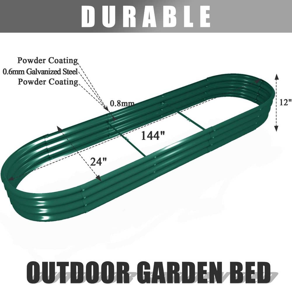 144 in. x 24 in. x 12 in. Green Oval Galvanized Raised Garden Bed, Metal Planter Box for Vegetables Flowers Herbs Fruits - Hercitys