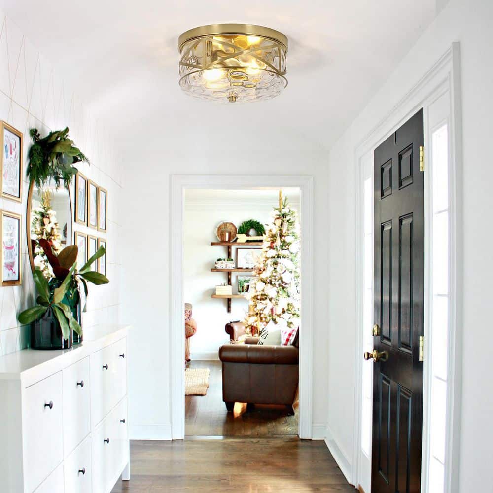 12 in. 2-Light Brass Gold Flush Mount Water Ripple Glass Ceiling Light with Metal Frame - Hercitys