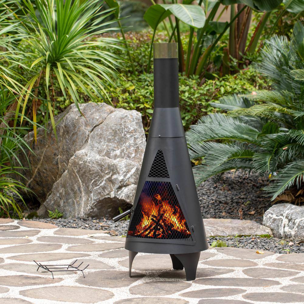 50″ Black Outdoor Metal Wood Burning Chimenea Patio Heater Fire Pit, Includes Fire Pit Poker Handle - Hercitys