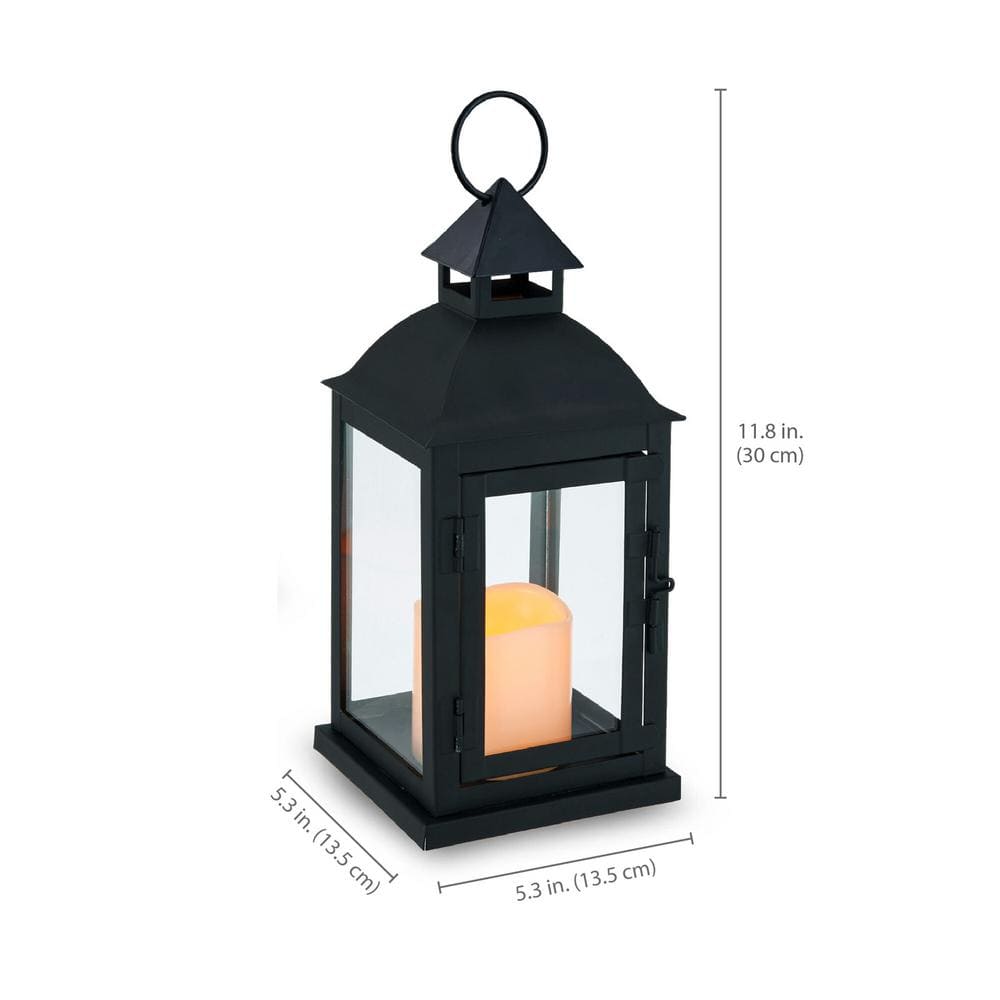 (Set of 2) Black Traditional Metal Lanterns 3 in. x 4 in. LED Pillars Included - Hercitys