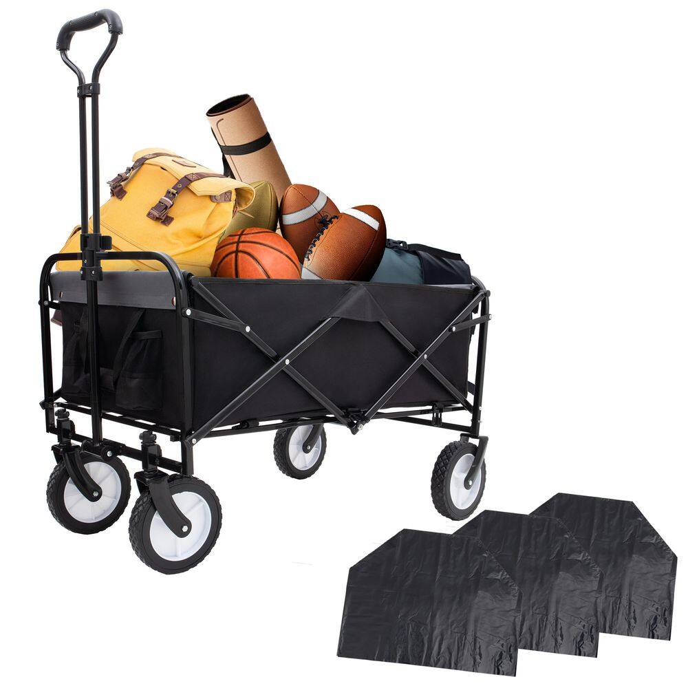 17 cu. ft. 360 lbs. Capacity Fabric Steel Frame Collapsible Folding Garden Cart Wagon with 3 Plastic Liner Bags, Black - Hercitys